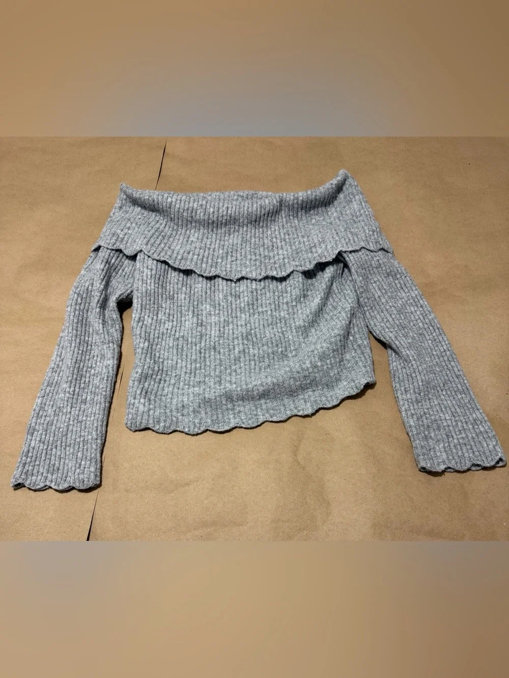 Celebrity Pink Gray Off-the-Shoulder Ribbed Ruffle Sweater